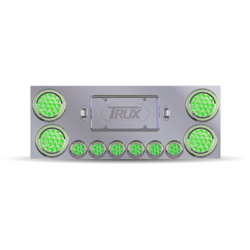 Trux Accessories Stainless Steel Rear Center Panel with 4 x 4", 6 x 2" Dual Revolution (Red/Green) & 2 Purple License Light LEDs