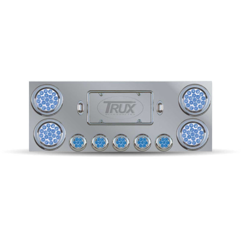 Trux Accessories Stainless Steel Rear Center Panel with 4 x 4", 5 x 2 1/2" Dual Revolution (Red/Blue) & 2 License Light LEDs