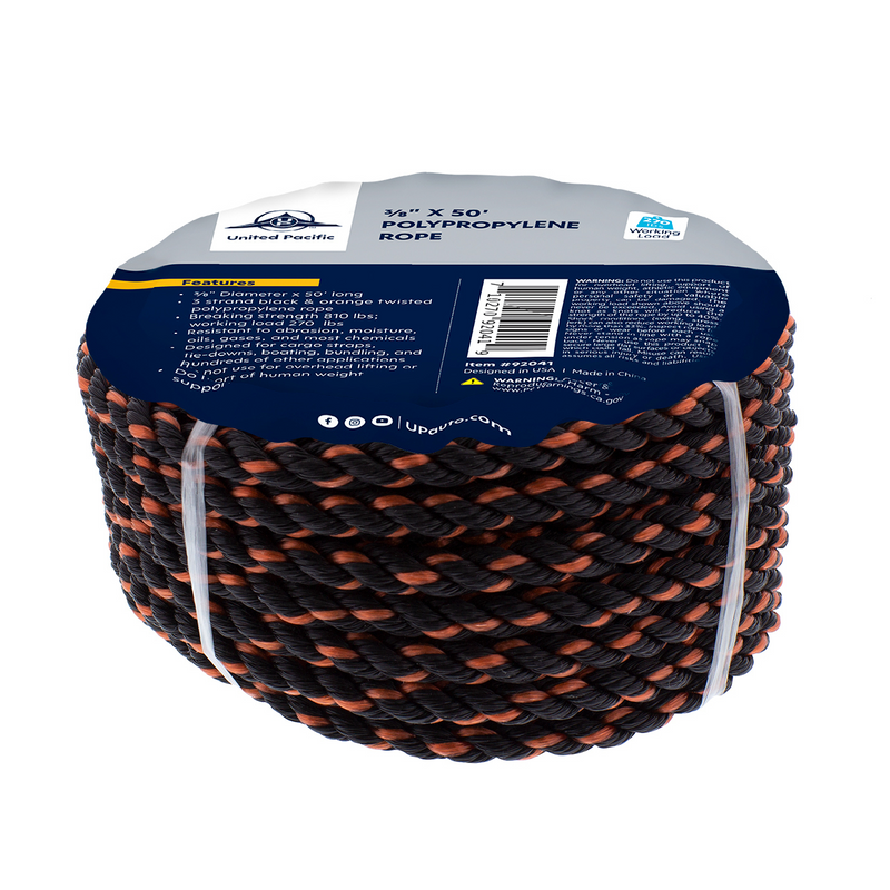 United Pacific 3/8" x 50' 3-Strand Twisted Black & Orange Polypropylene Rope 92041