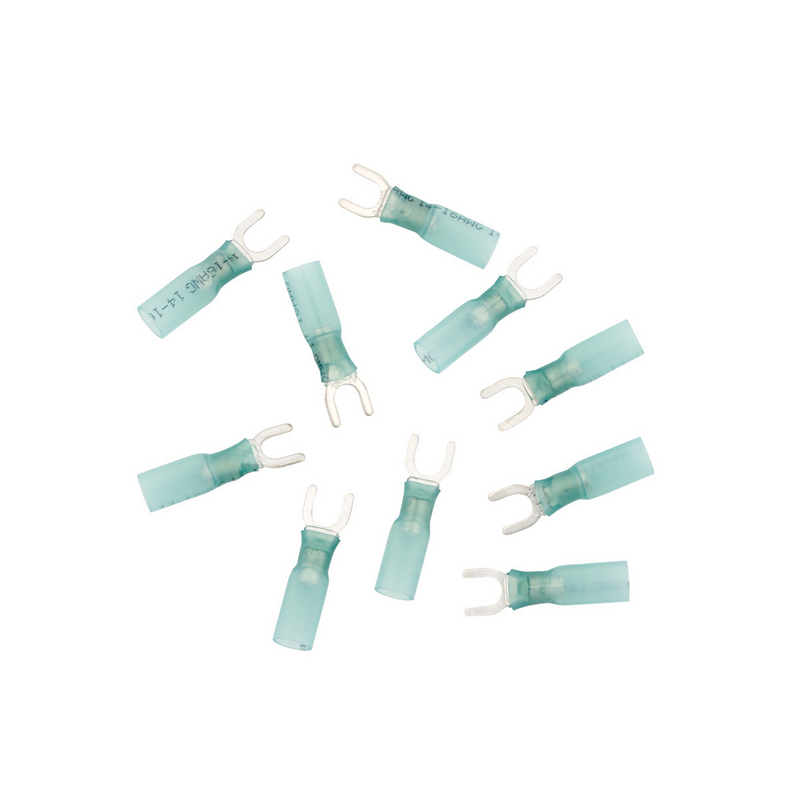 United Pacific 16-14 AWG #10 Stud CS Heat Shrink Spade Terminal Blue (10-Pack) 98180