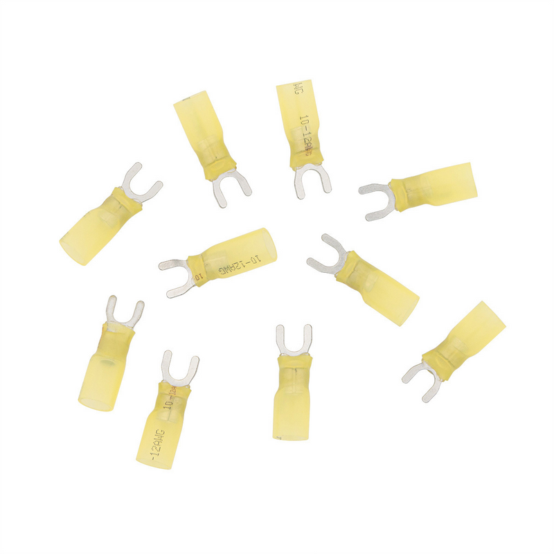 United Pacific 12-10 AWG #10 Stud CS Heat Shrink Spade Terminal Yellow (10-Pack) 98197