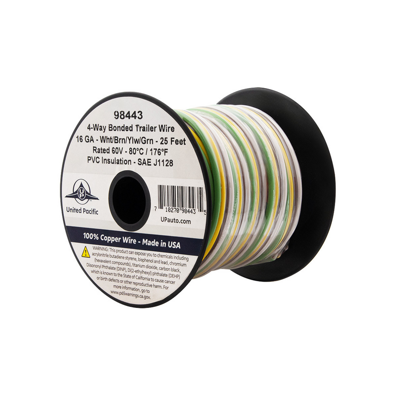 United Pacific Trailer Wire Bonded Rated 80 C 16 AWG 4-Way, Wht/Brn/Ylw/Grn 25 Ft. 98443