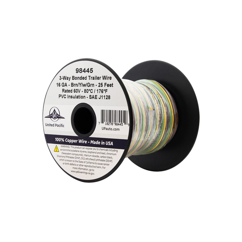 United Pacific Trailer Wire Bonded Rated 80 C 16 AWG 3-Way, Brn/Ylw/Grn 25 Ft. 98445