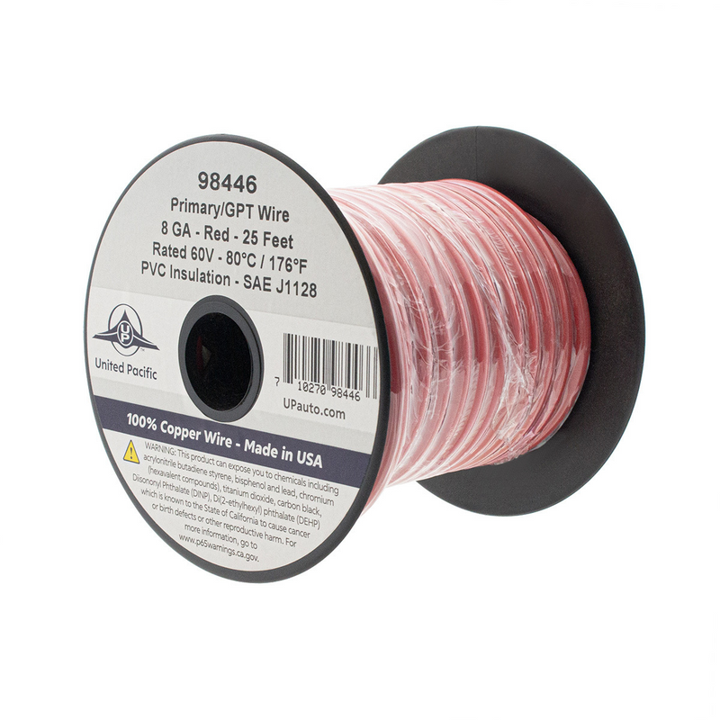 United Pacific Primary Wire Rated 80 C 8 AWG, Red 25 Ft. 98446