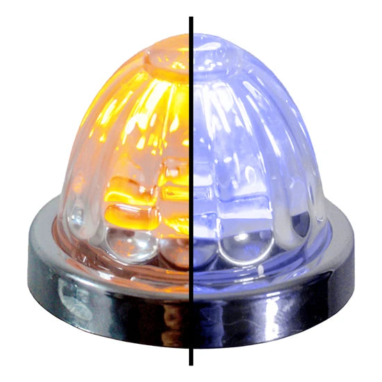 Iowa Customs Legendary Small Watermelon Amber-Blue-Clear LED Light. 1-1/2 Inch with Glass Lens, Small Chrome Bezel and Stud Mount. Color Changing IC966456