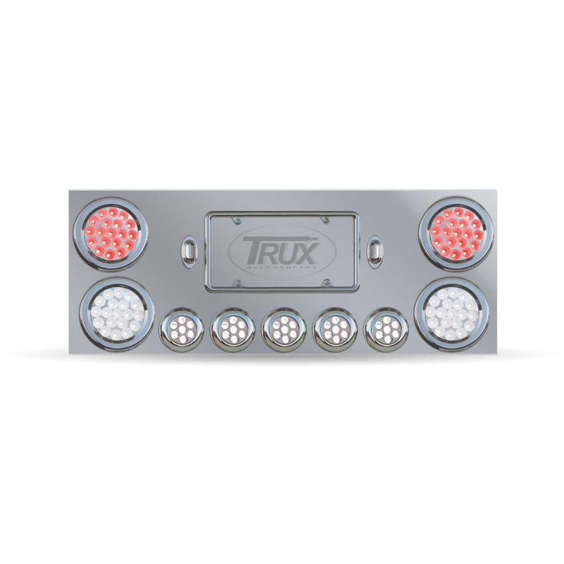 Trux Accessories Stainless Steel Rear Center Panel with 2 x 4" & 5 x 2 1/2" Dual Revolution, with 2 x 4" Red & 2 License Light LEDs