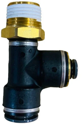 Paccar Peterbilt Air Bag Tee Fitting, 1/2 PTC X 1/4 PTC X 1/2 NPT