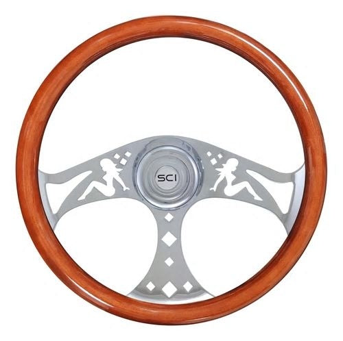 Steering Creations "Mud Flap Girl" Mahogany Wood Rim 18", 3 Chrome Spoke Steering Wheel